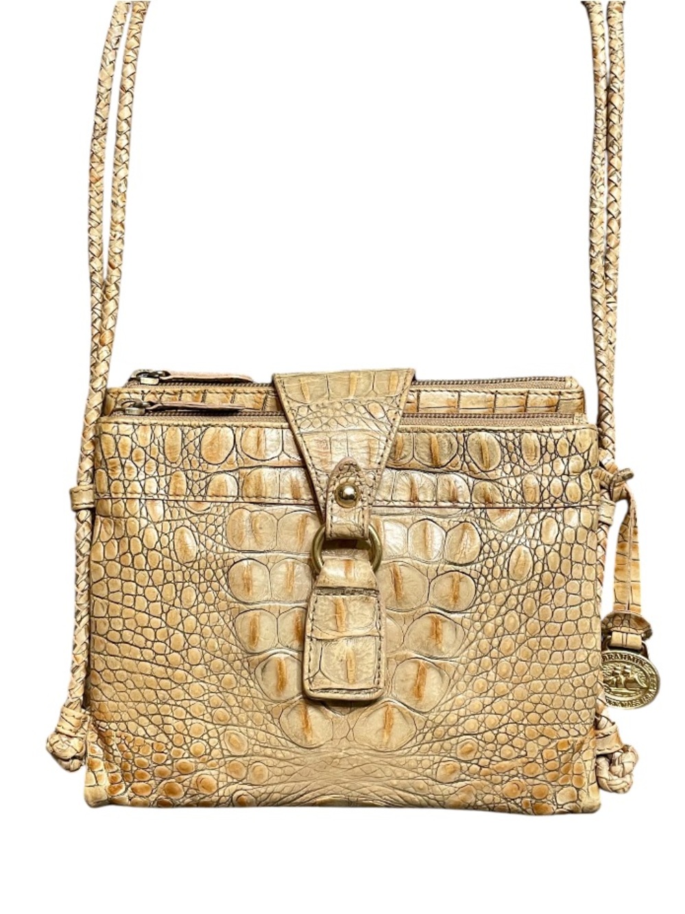 Brahmin Toasted Almond Melbourne Cecilia Triple Compartment Bag Dual Woven Strap